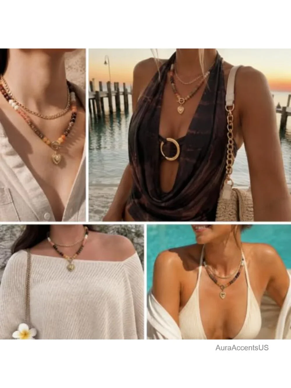 Layered Natural Stone Beaded Necklace Set Heart Charm